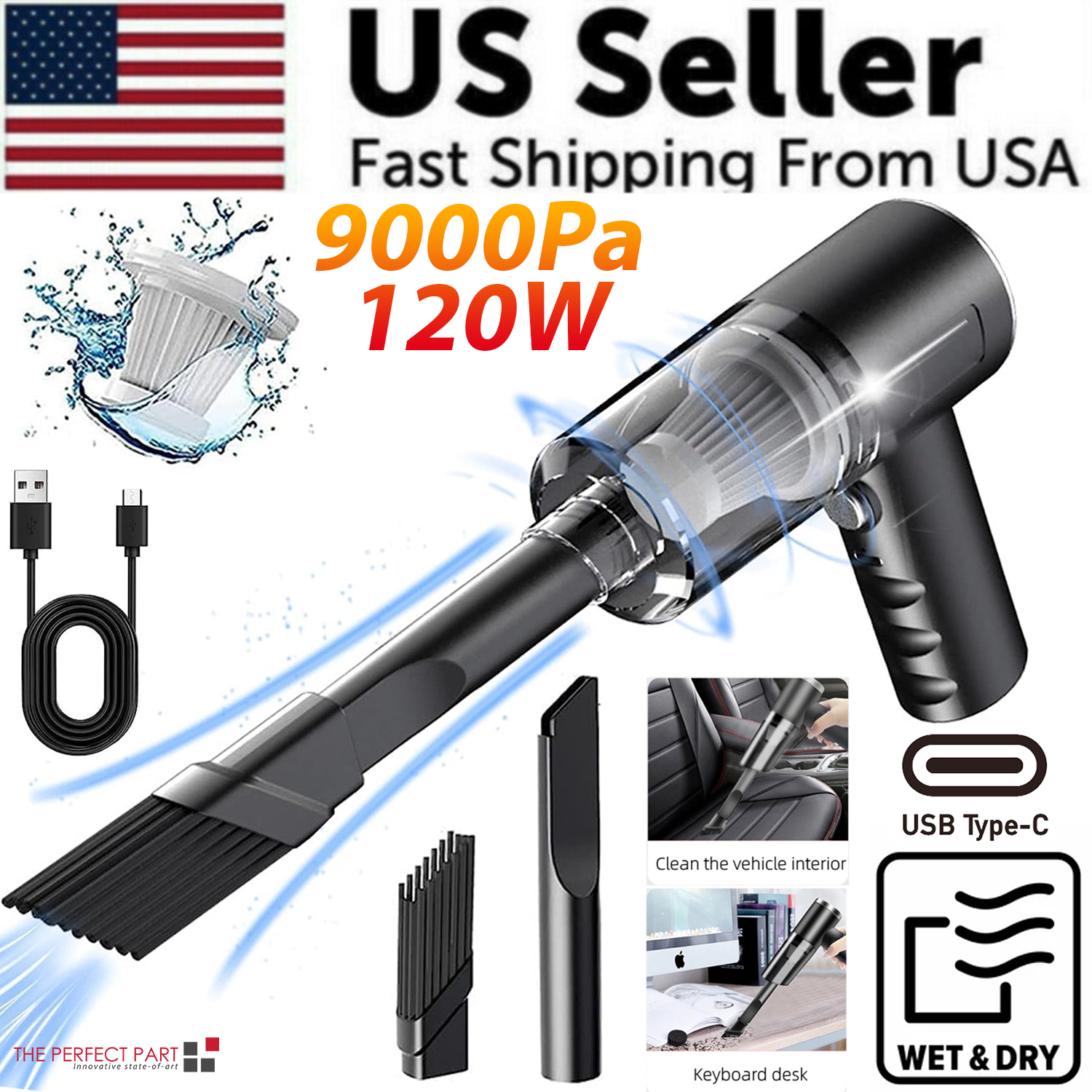 Aspiradora Portátil 9000Pa Wet & Dry 120W – Inalámbrica USB-C para Carro y Casa